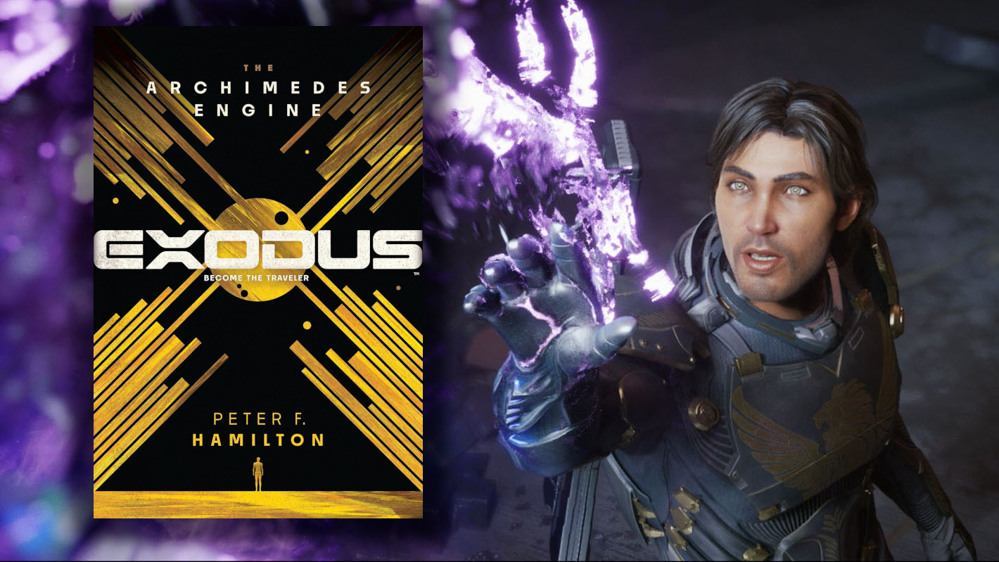 An Exodus game screenshot and the cover for 'Exodus: The Archimedes Engine' author Peter F. Hamilton