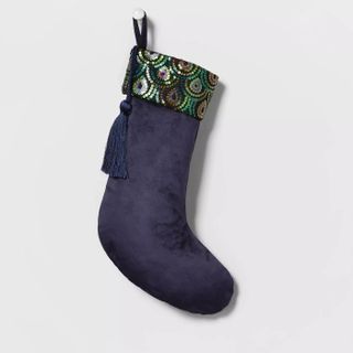 Navy Christmas stocking with sequin peacock top