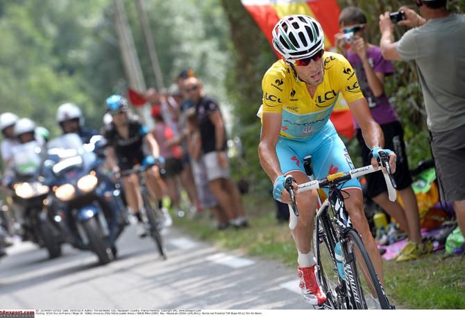 Vincenzo Nibali denies Team Sky's Mikel Nieve on the slopes of Hautacam