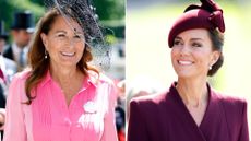 Composite of Carole Middleton at Ascot at 2022 and Kate Middleton in Wales in 2023