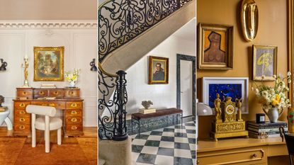 three images ornate moldings staircase and details