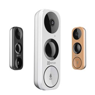 Black, silver, and gold Ezviz video doorbells on a white background