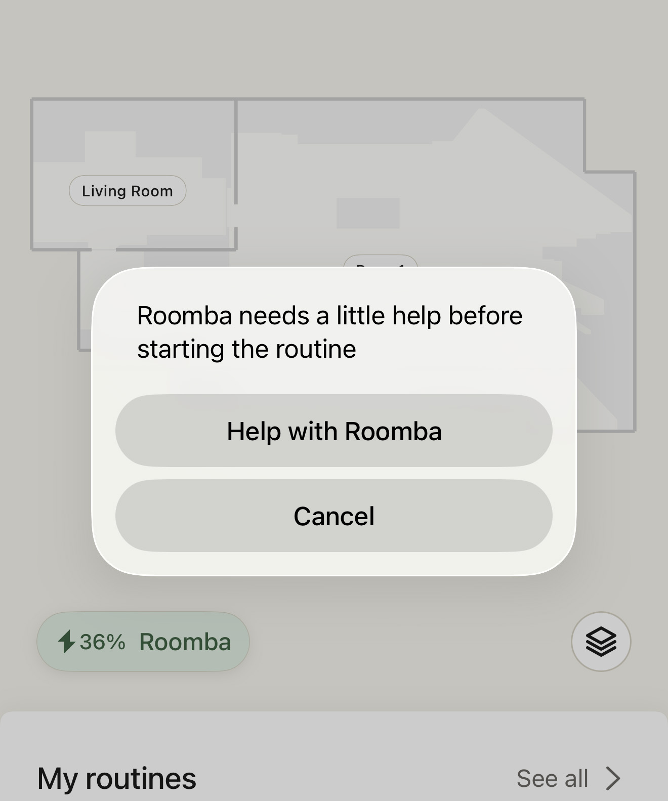 The Roomba 705 error message is shown in an app screenshot
