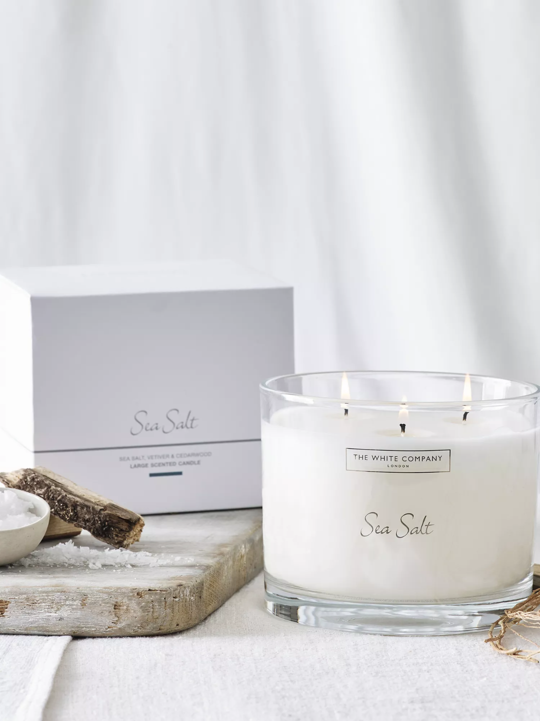 A three-wick sea salt scented candle from The White Company