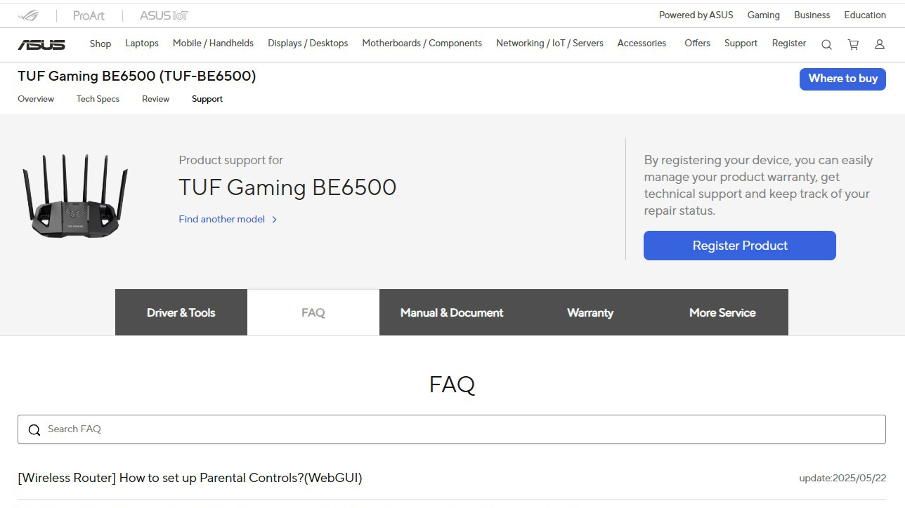 A screenshot of the Asus TUF Gaming BE6500 router web support page.