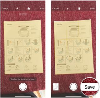 Scan a document to a note in Notes by showing steps: in Automatic mode, just hover device until doc is in yellow box, then repeat as necessary, then tap Save