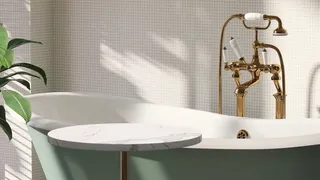 White bathroom with green bath