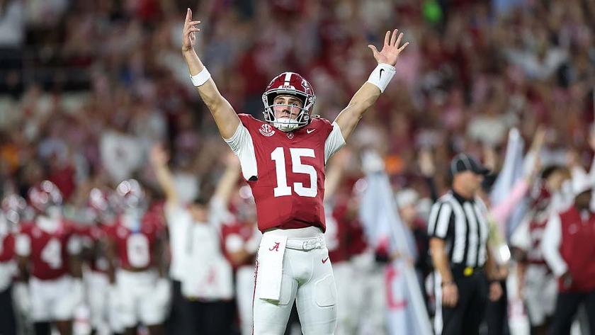 TUSCALOOSA, ALABAMA - OCTOBER 18: Ty Simpson #15 of the Alabama Crimson Tide reacts after passing for a touchdown against the Tennessee Volunteers during the second quarter at Bryant-Denny Stadium on October 18, 2025 in Tuscaloosa, Alabama. (Photo by Kevin C. Cox/Getty Images)
