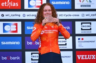 LIEVIN FRANCE FEBRUARY 01 Puck Pieterse of Netherlands poses on the podium during the medal ceremony after the 76th UCI CycloCross World Championships 2025 Womens Elite on February 01 2025 in Lievin France Photo by Luc ClaessenGetty Images