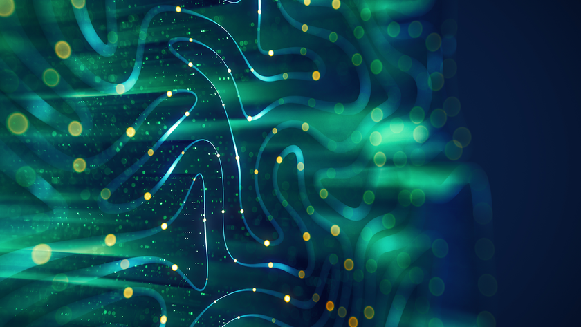 Abstract digital background featuring flowing blue and green lines with glowing yellow particles, evoking a sense of data flow or neural networks.