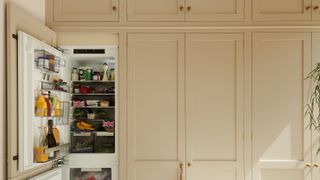 peach cabinetry with a fridge door open