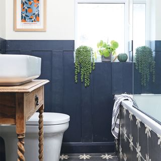 bathroom with navy wall panelling