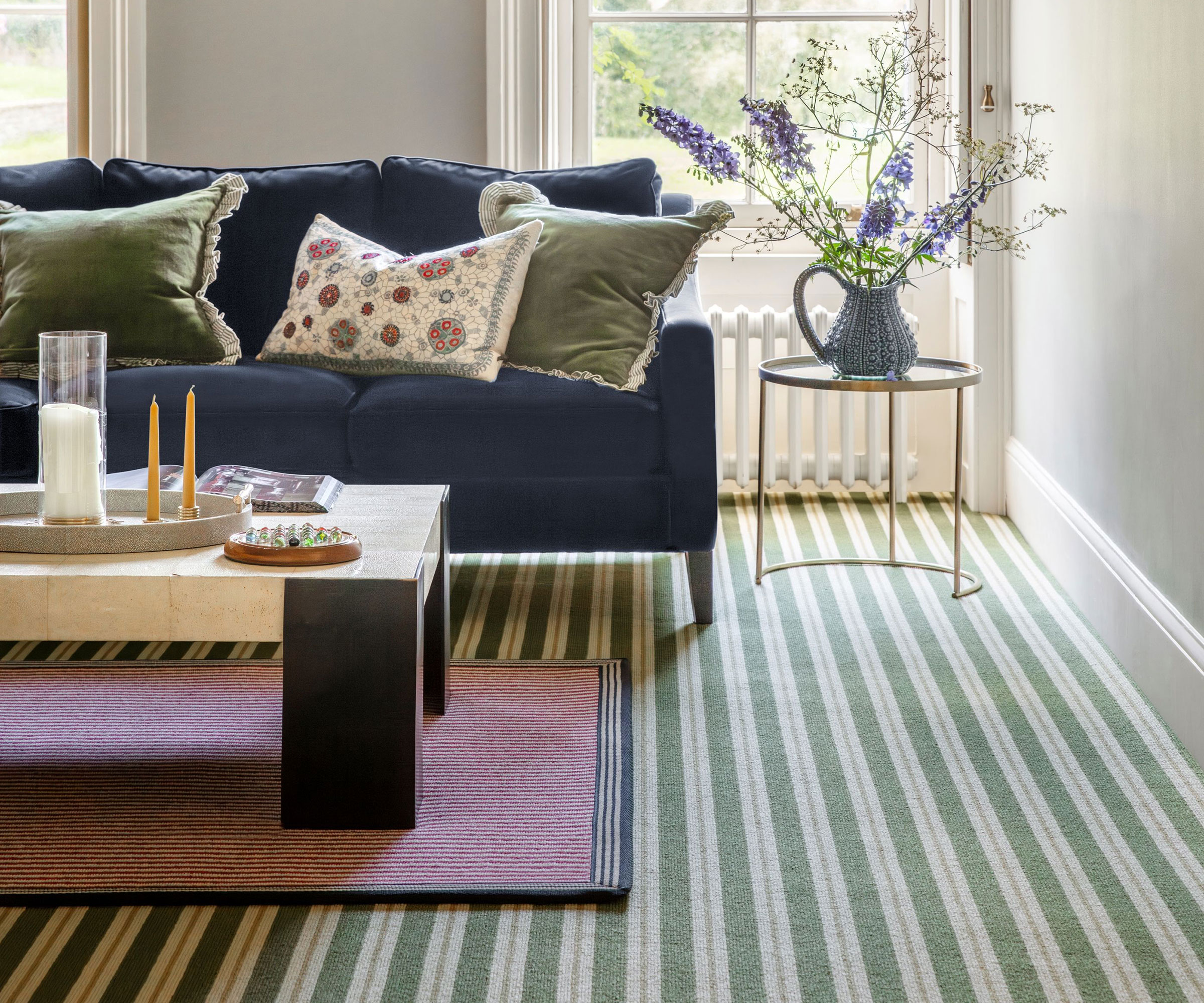 green and white striped carpet in living room
