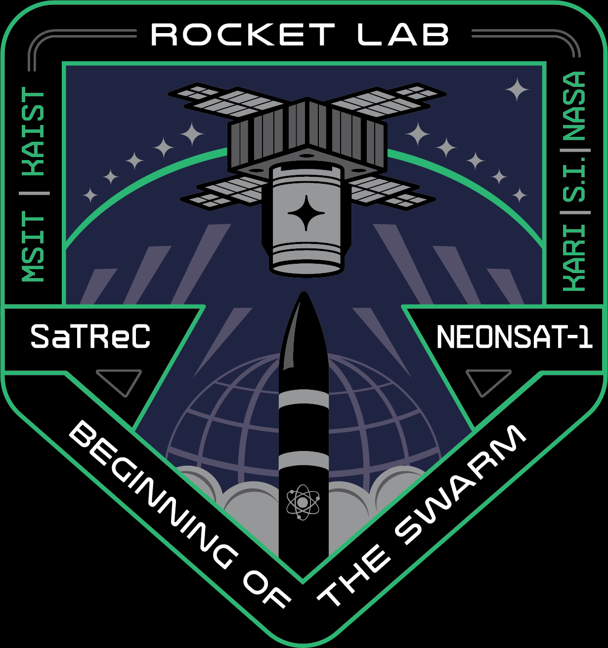 a black framed mission patch shaped like an upside-down house, with green trimmings and a black rocket rising from the central point at the bottom. A satellite floats above the rocket, suspended on a green arch spanning the patch.