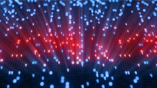 Abstract image of glowing binary code in red and blue