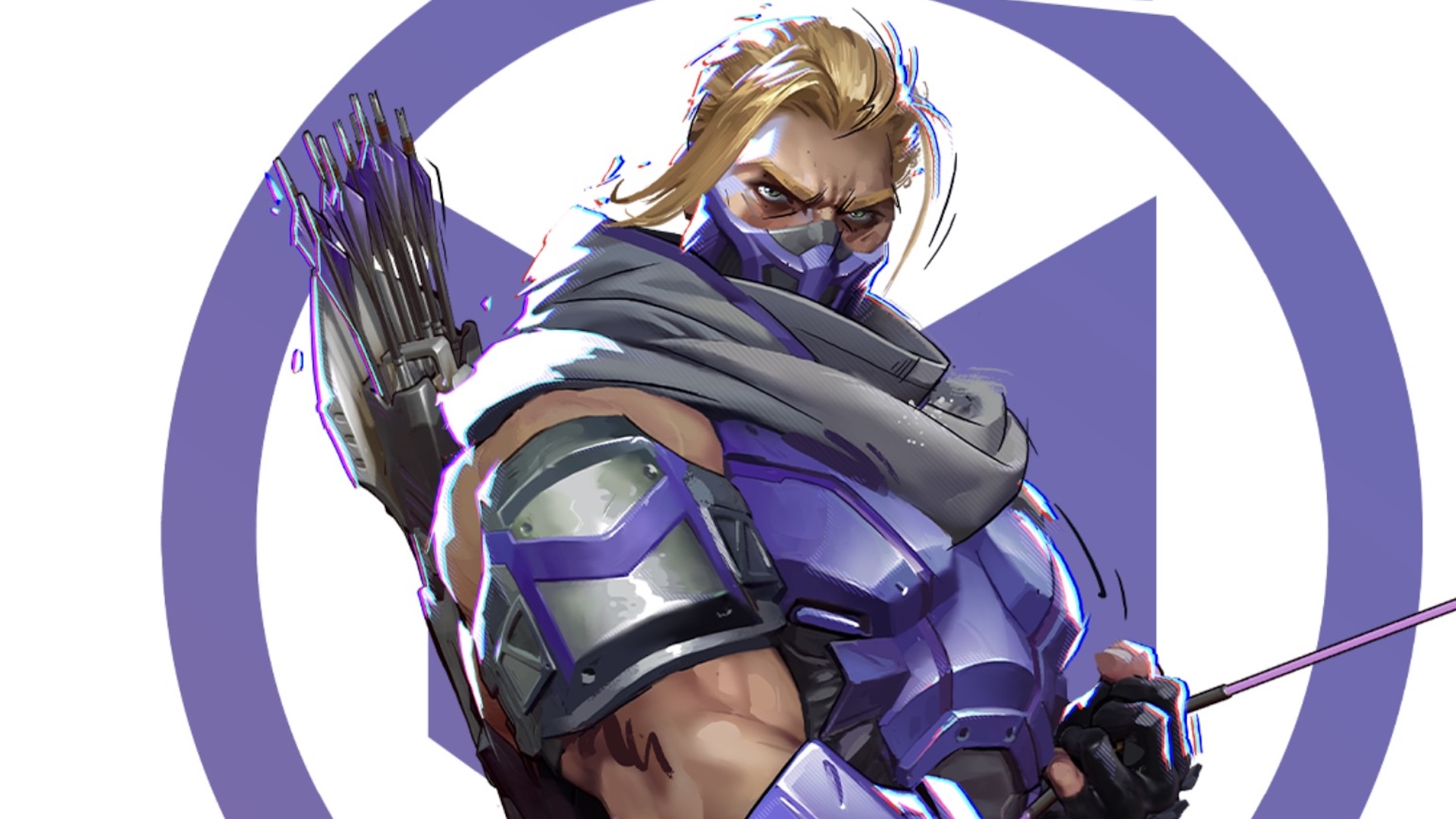 Hawkeye poses against his purple logo