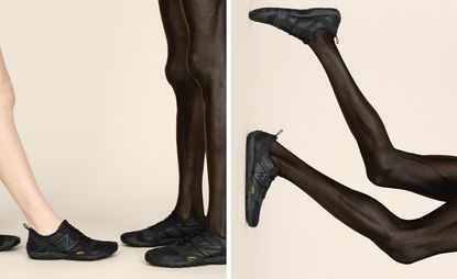 Pictures of the legs of people wearing the new Issey Miyake New Balance sneaker in black