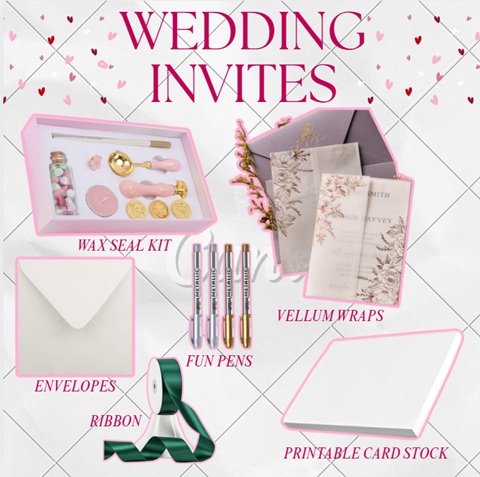 A graphic titled 'wedding invites' along with images and text of items you can purchase to make your own invites, including envelopes, wax seal kit and ribbon.
