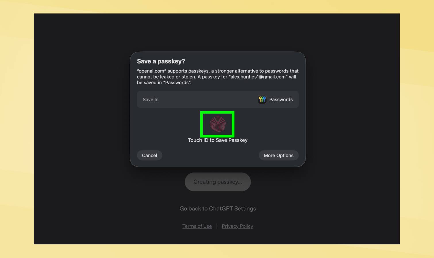 Passkey set up in ChatGPT