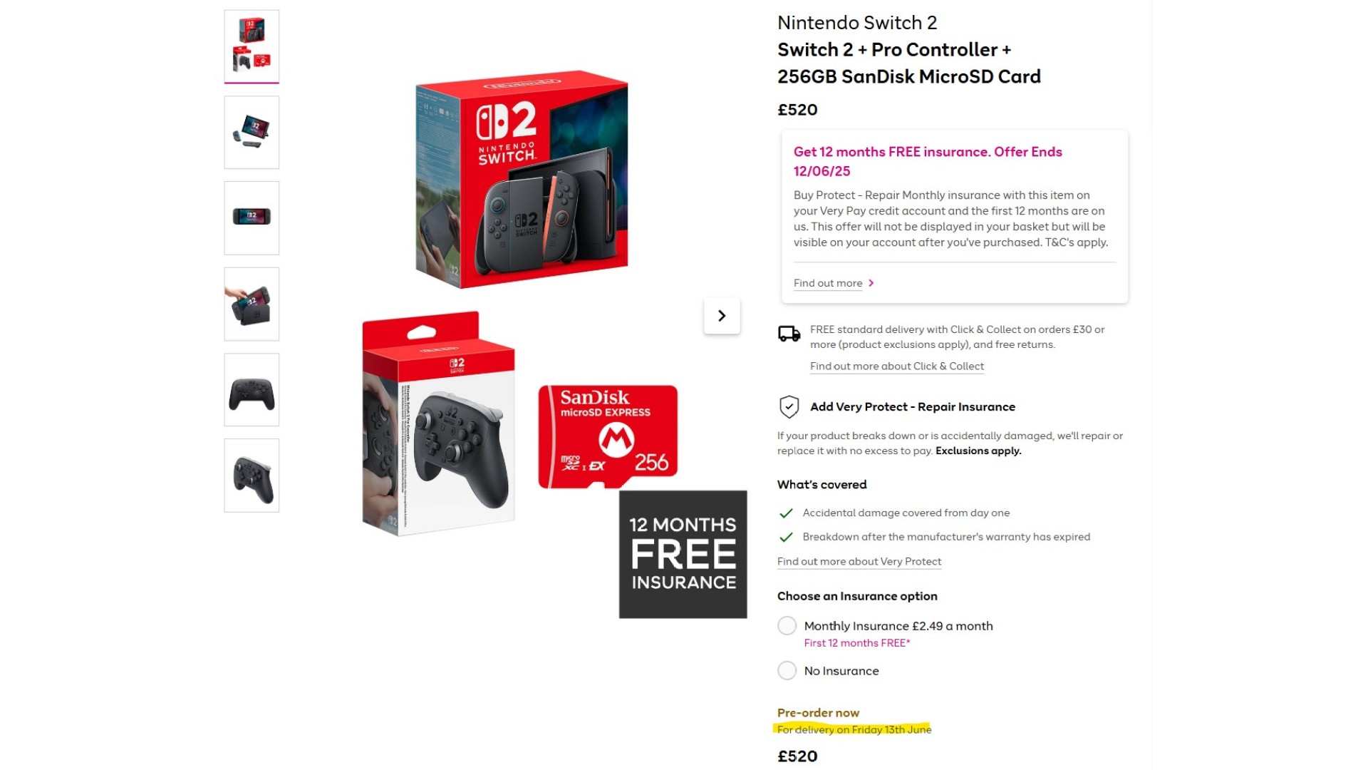 Nintendo Switch 2 listing with delayed delivery date at Very