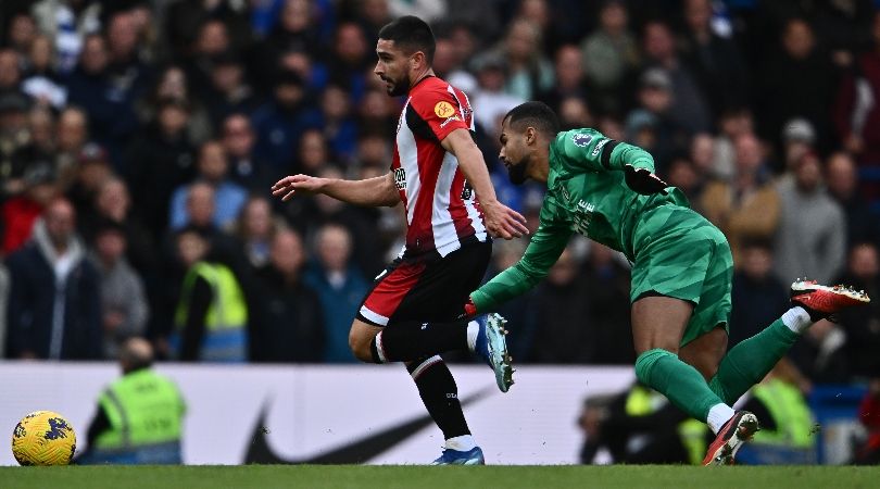 Chelsea goalkeeper Robert Sanchez chases after Brentford&#039;s Neal Maupay in the sides&#039; Premier League clash at Stamford Bridge in October 2023.