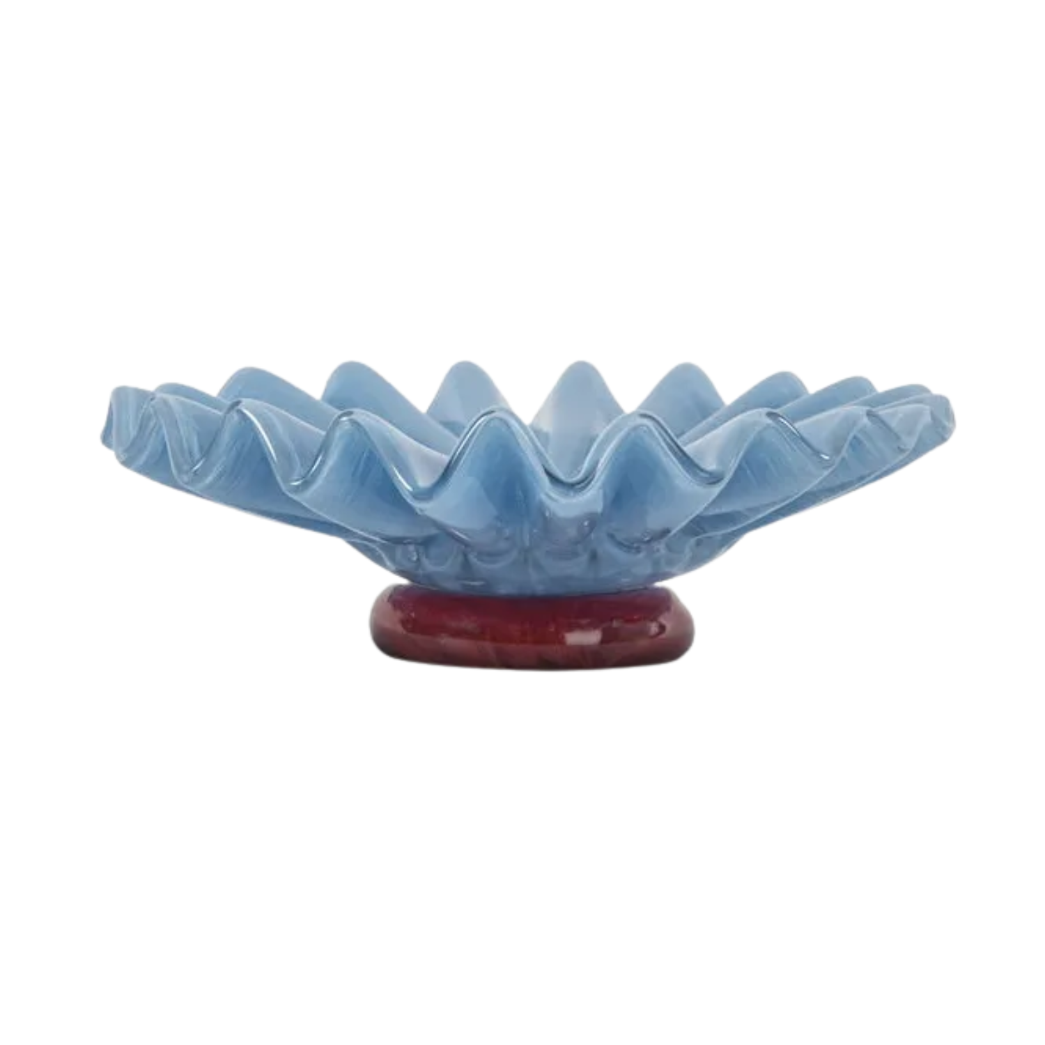 A light blue quilted glass bowl on a burgundy base