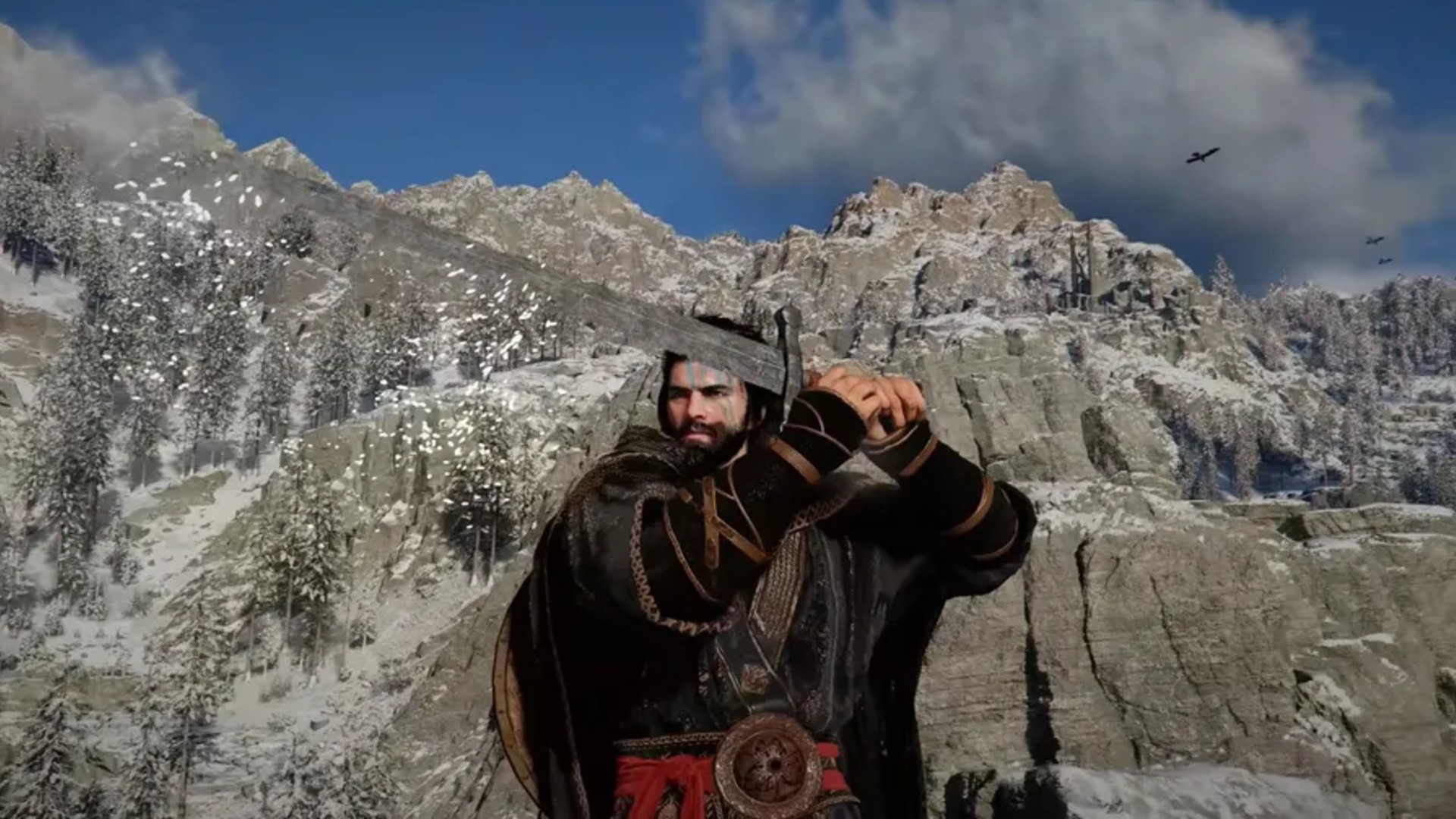 The player character holds his sword above his head in Crimson Desert.
