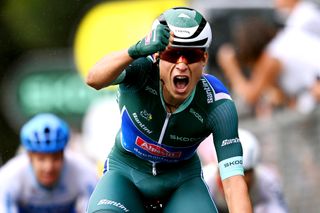 Jasper Philipsen celebrates his win on stage 11 of the 2023 Tour de France