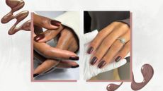 On the left is a close-up of hands with a shimmery brown manicure by nail artist Julia Diogo (@paintedbyjools), and on the right is a close-up of a hand with a square cherry cola-like red-brown manicure by Fliss Alton (@gelsbyfliss) / both featured in a white and grey marbled template with brown and shimmery brown nail polish spills.