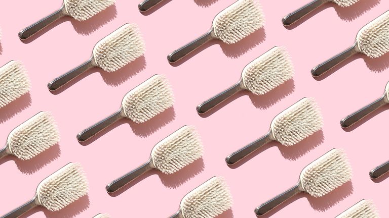 collage of brushes on pink background