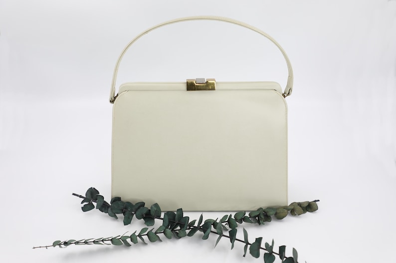 Theodor of California Ivory Vinyl Handbag - 1960s Vintage Light Biege Top Handle Bag