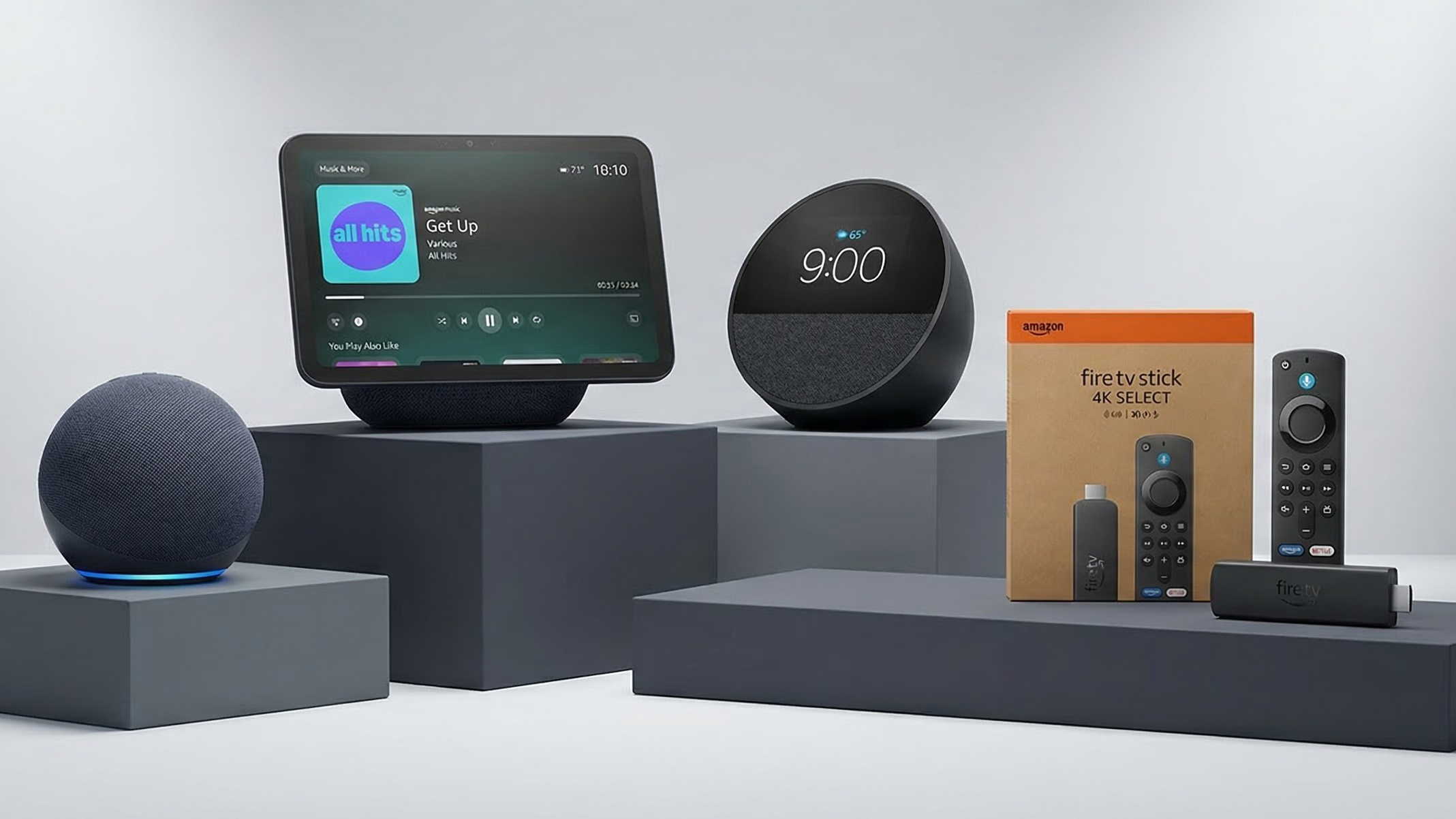Selection of Amazon smart home devices on podiums