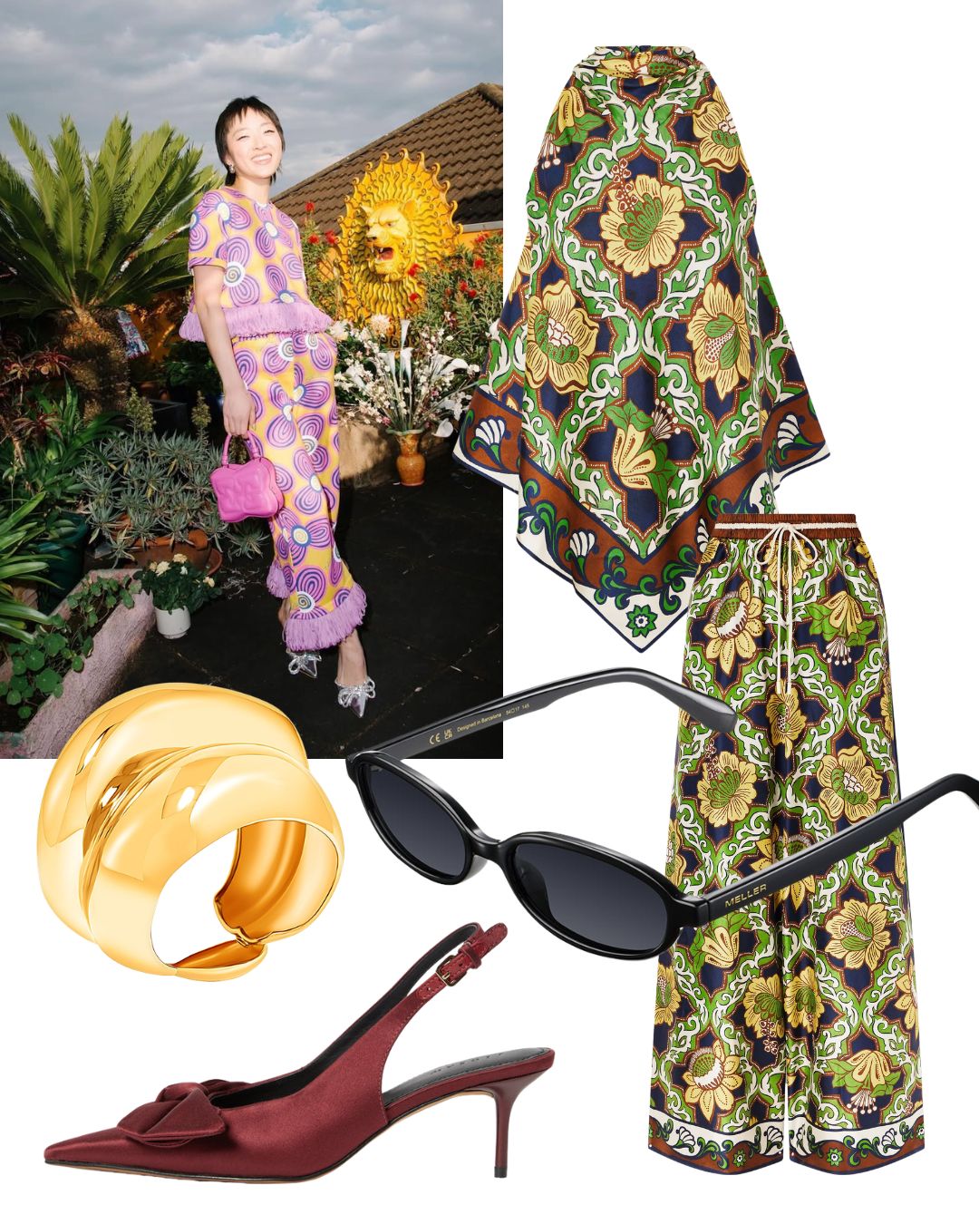 a photo of patricia zhou wearing a pink trouser set surrounded by cut-outs of a gold bangle, black sunglasses, satin heels an da patterned alemais trouser two-piece