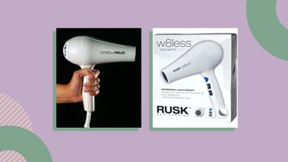 Rusk W8LESS Professional Dryer review collage showing the dryer in a box and in the hand