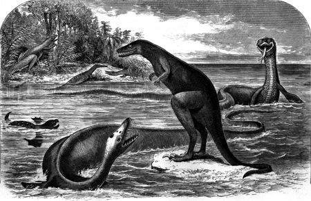 Dryptosaurus (formerly Lealaps) confronting Elasmosaurus orientalis, with Mosasaurus and Osteopygis behind. Hadrosaurus forages in background, and Thoracosaurus crawls up on the banks. 