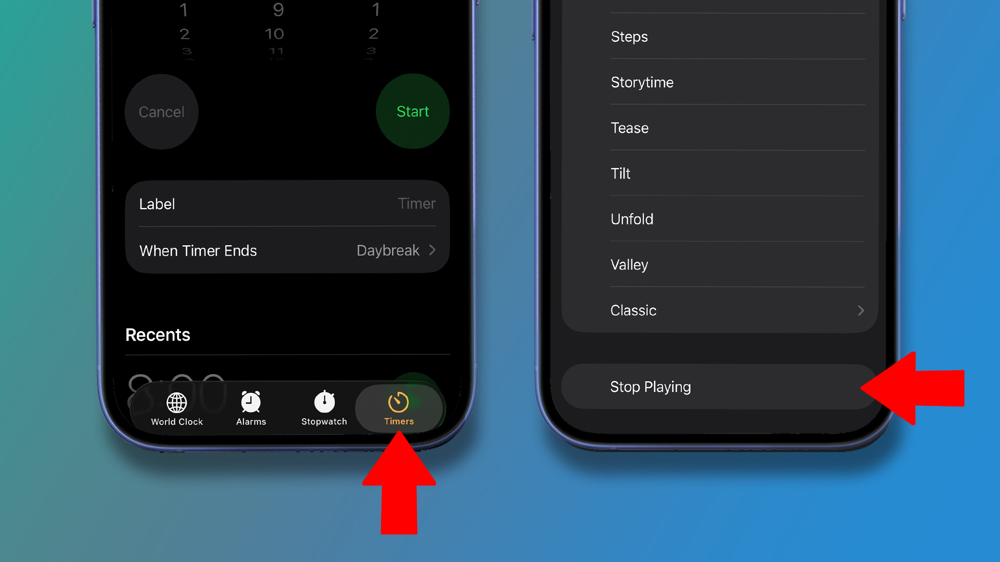 Two iPhones on a green and blue background showing the Timer settings