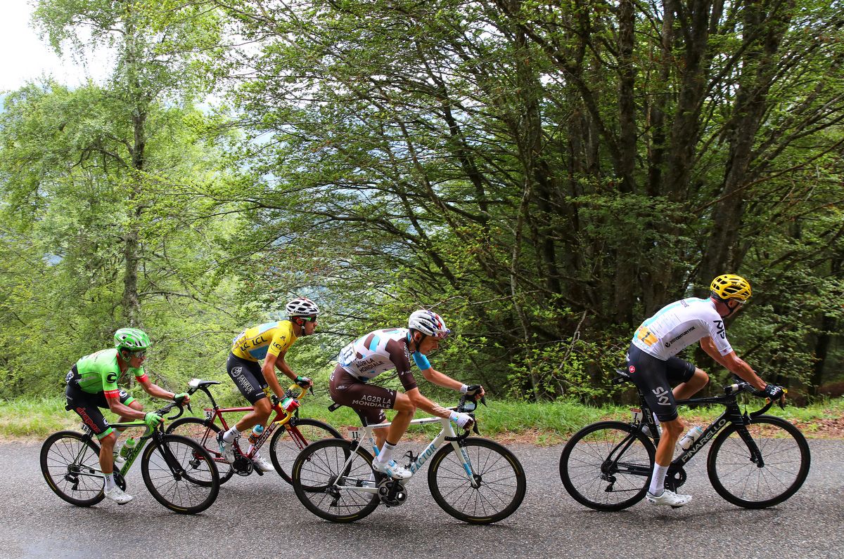 Romain Bardet (AG2R-La Mondiale) sitting second wheel up the Mur de P&eacute;gu&egrave;re during stage 13