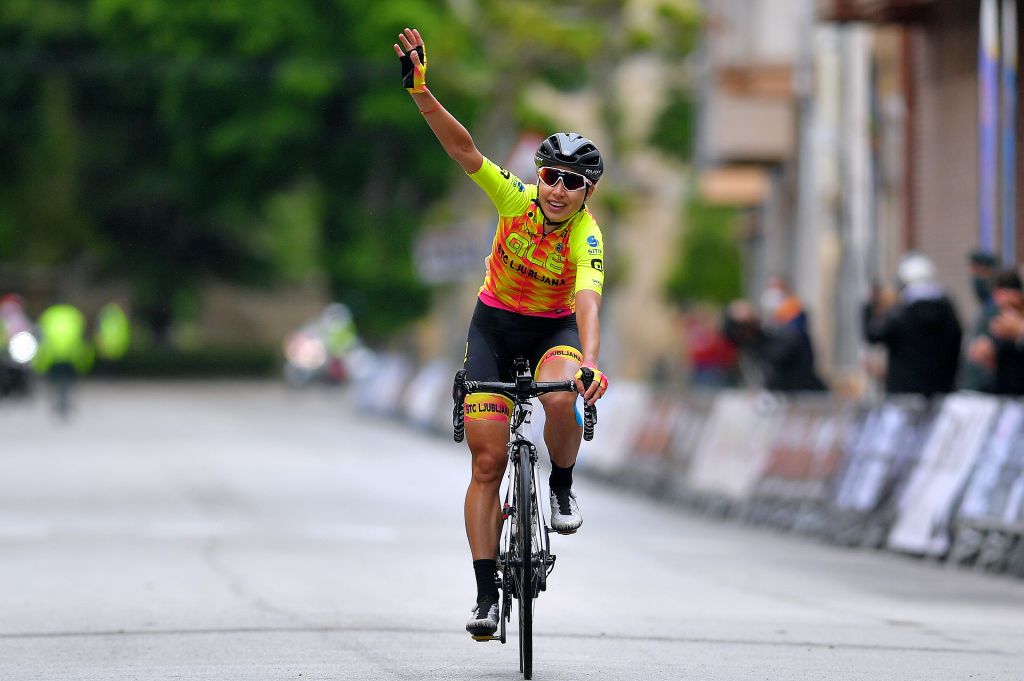 VILLARCAYO SPAIN MAY 21 Anastasia Chursina of Russia and Ale Btc Ljubljana Team celebrates at arrival during the 6th Vuelta A Burgos Feminas 2021 Stage 2 a 97km stage from Pedrosa de Valdeporres to Villarcayo VueltaBurgos BurgosFem UCIWWT on May 21 2021 in Villarcayo Spain Photo by Luc ClaessenGetty Images