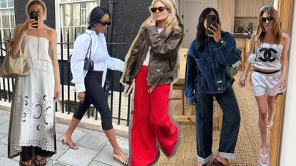 A collage of content creators wearing summer trends in London, including @brittanybathgate, @monikh, @lucywilliams02, @nlmarilyn, and @camillecharriere in capri pants, red jeans, crochet dresses, and more.