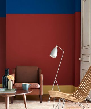 dark red wall in living room with dark blue upper wall