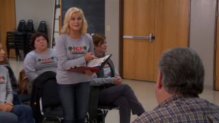 Leslie Knope (Amy Poehler) leading PCP in Parks and Recreation