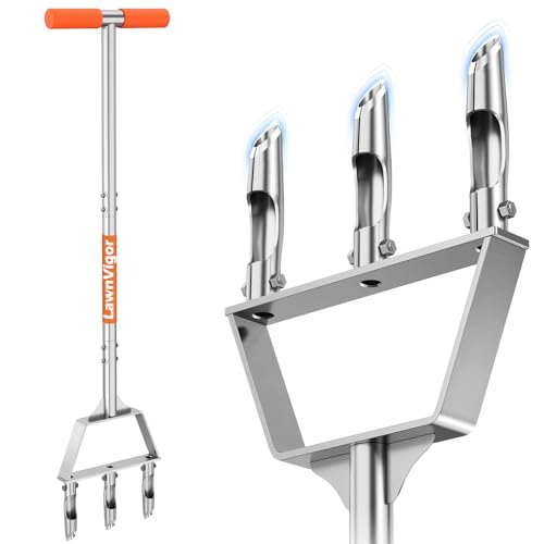 Manual Core Aerator Lawn Tool - Lawn Aerator Tool With 3 Hollow Tines, Semi-Assembled Grass Aerator Core Aeration Tool for Lawn, Yard Plug Aerator for Lawn Care Compacted Soil - Orange