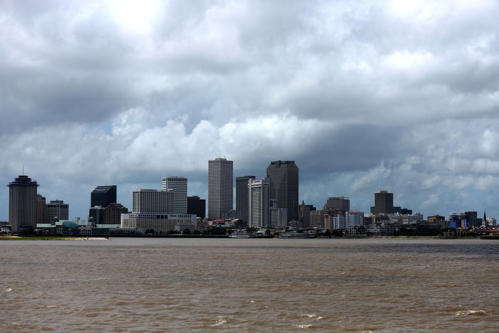 Storm clouds are seen over the Mississippi River and downtown New Orleans as Hurricane Laura churns in the Gulf of Mexico on August 25, 2020 in New Orleans, Louisiana. 