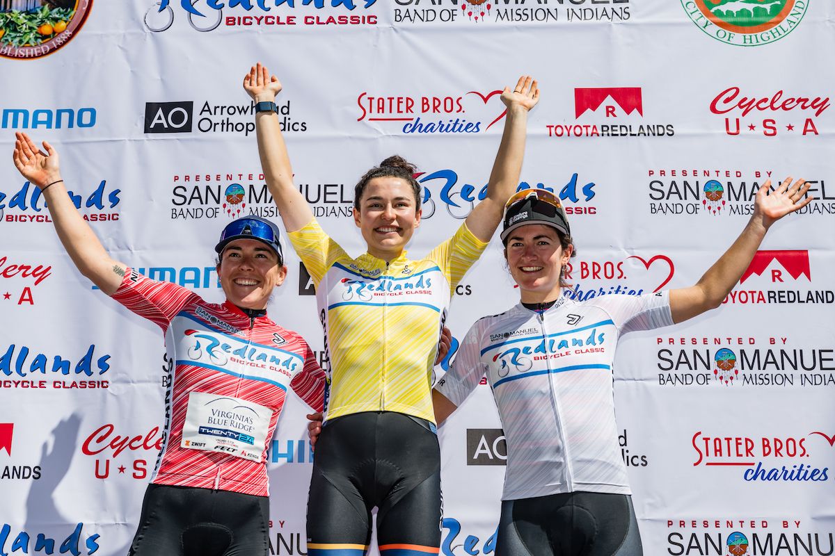 Emma Langley (Virginia's Blue Ridge Twenty24) in red QOM jersey, Mara Roldan in yellow (Cynisca Cycling), and Best Amateur Cecile Lejeune (CCB p/b LLG) in white.