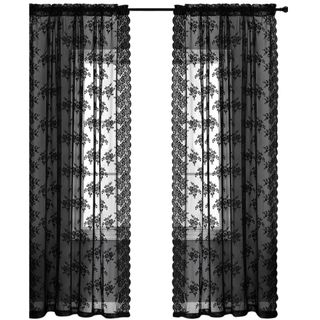 Kotile Black Lace Curtains 54 Inch Length - Country Rustic Vintage Lace Curtains 2 Panels Set for Windows, Privacy Gothic Floral Sheer Lace Curtains, 52 x 54 Inch, 1 Pair, Black