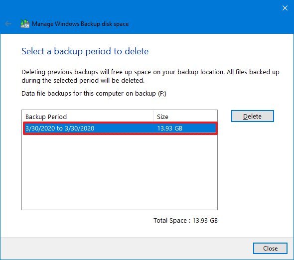 Delete old backup on Windows 10