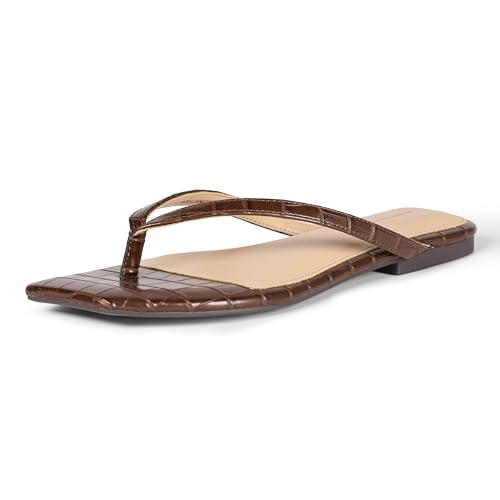Amazon Essentials Women's Square Toe Flip Flops Sandal, Brown Faux Crocodile, 8 Uk