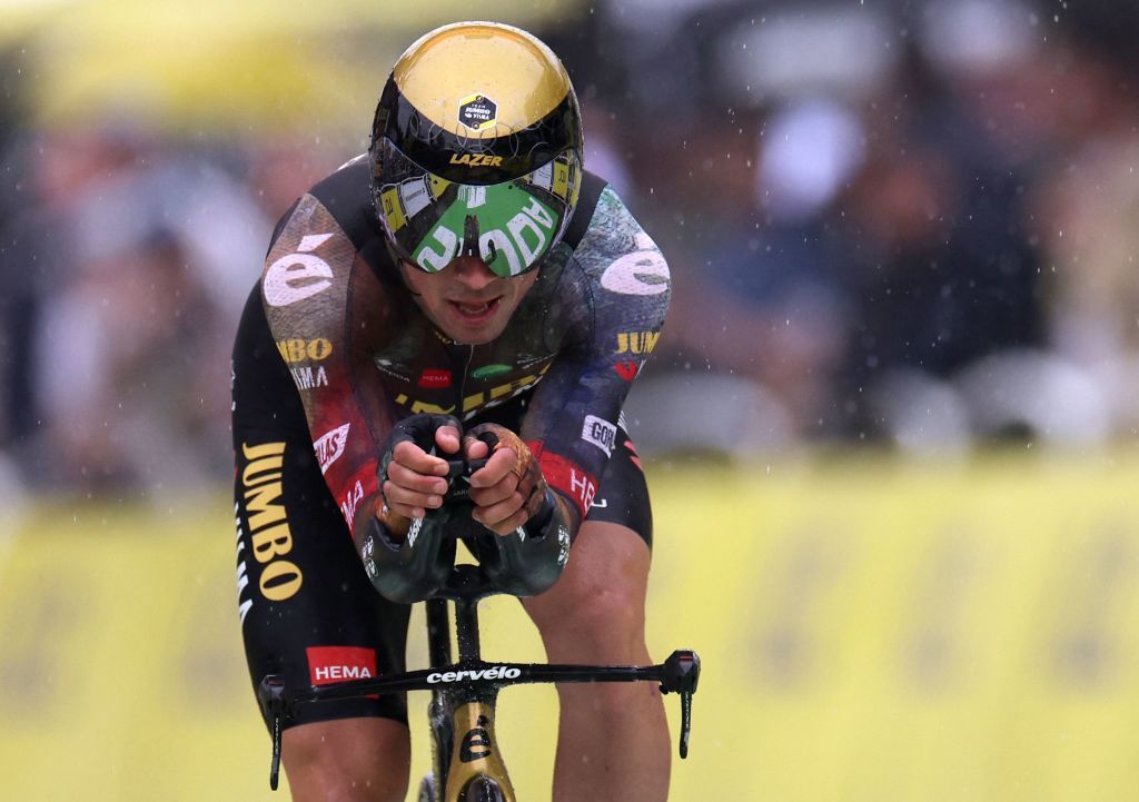 JumboVisma teams Slovenian rider Primoz Roglic cycles to the finish line during the 1st stage of the 109th edition of the Tour de France cycling race 132 km individual time trial stage in Copenhagen on July 1 2022 Photo by Thomas SAMSON AFP Photo by THOMAS SAMSONAFP via Getty Images