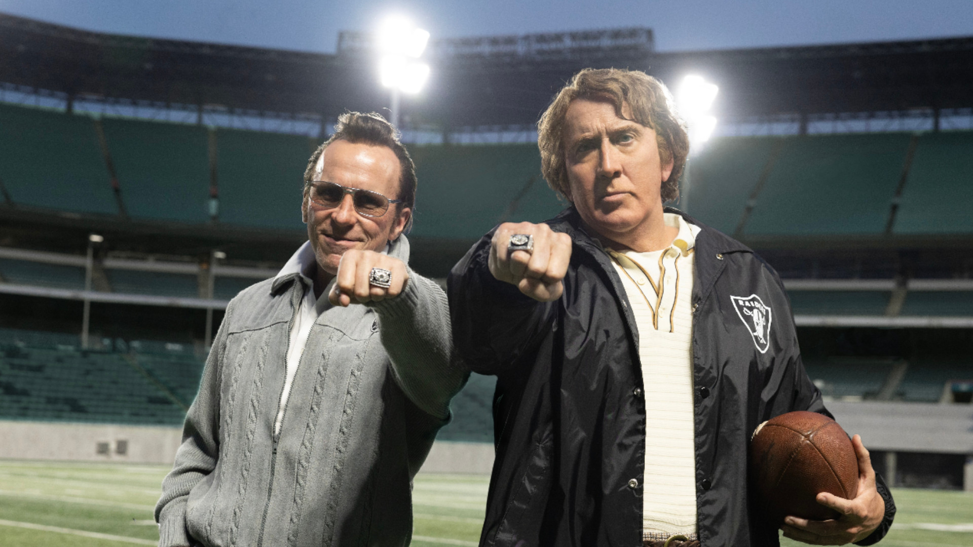Nicolas Cage as John Madden and Christian Bale as Al Davis during the upcoming video game movie, Madden