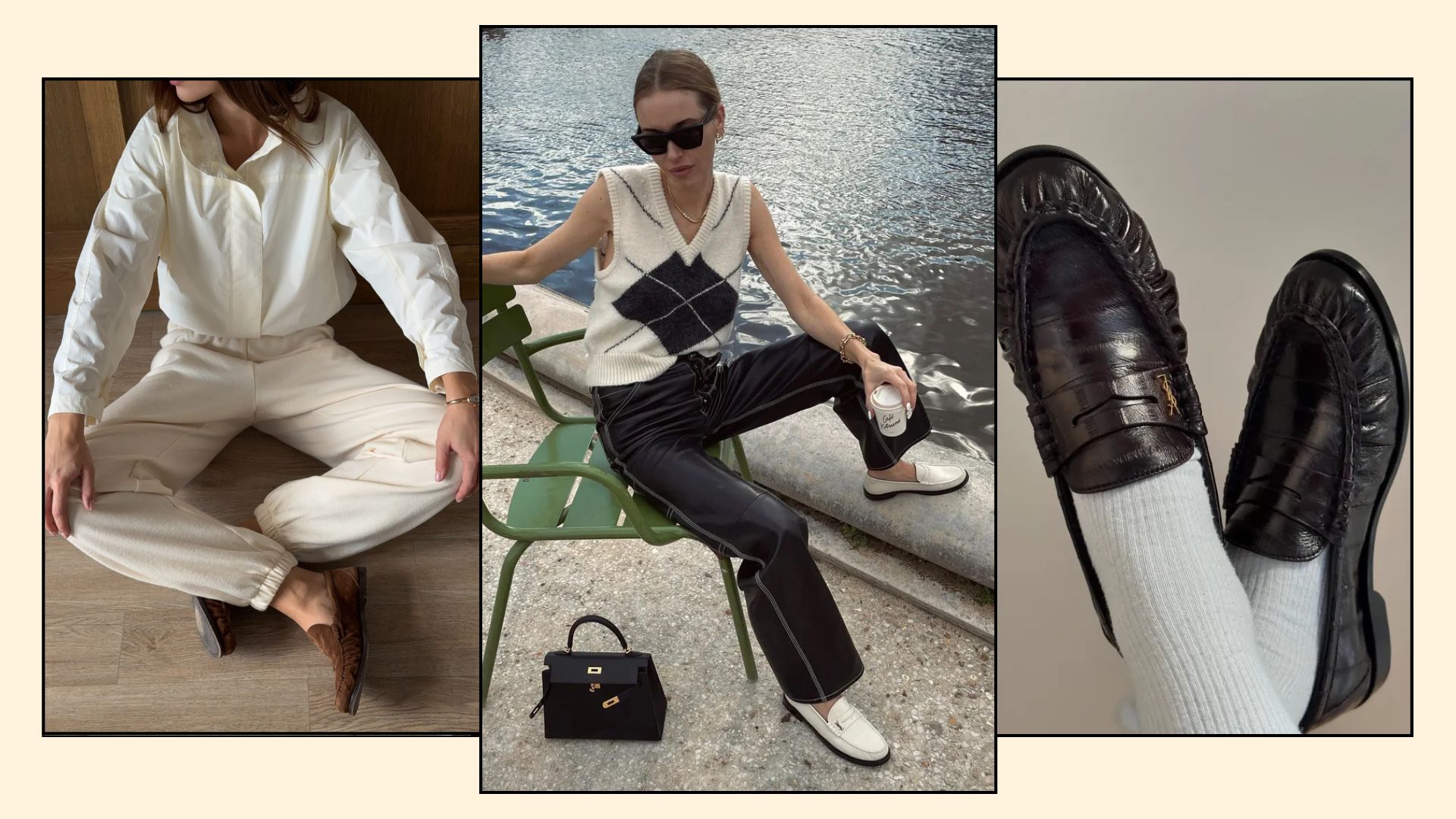 Woman wears white jacket, cream joggers and brown suede loafers; woman wears argyle vest, black jeans and white loafers; woman wears white socks and black ruched loafers